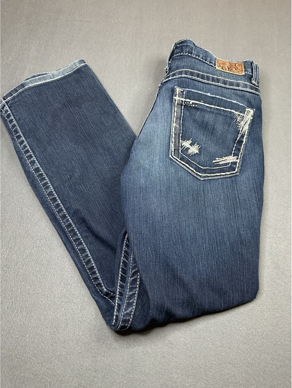 BKE Stella Jeans Womens 30x31 1/2 Blue Low Rise Bootcut Stretch Whiskered Denim